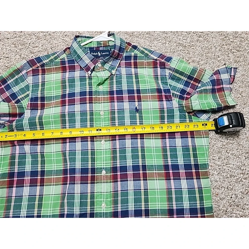 Ralph Lauren Shirt Men L Green Pink Multi Plaid Button Up Classic Fit Short Slee